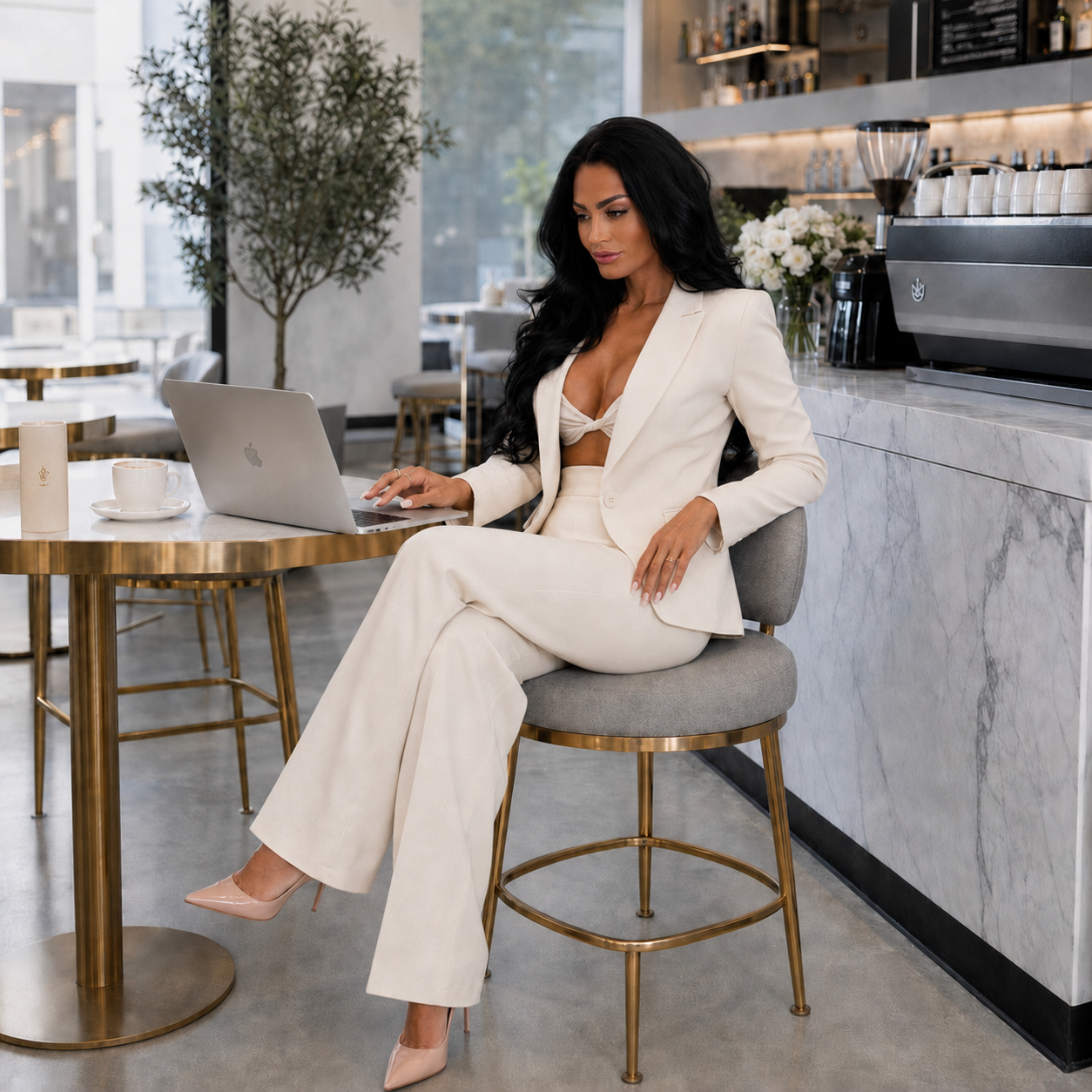 Mia working from a cafe